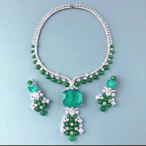 18KT White Gold Plated Luxury Faux Emerald & Jade Classical Set